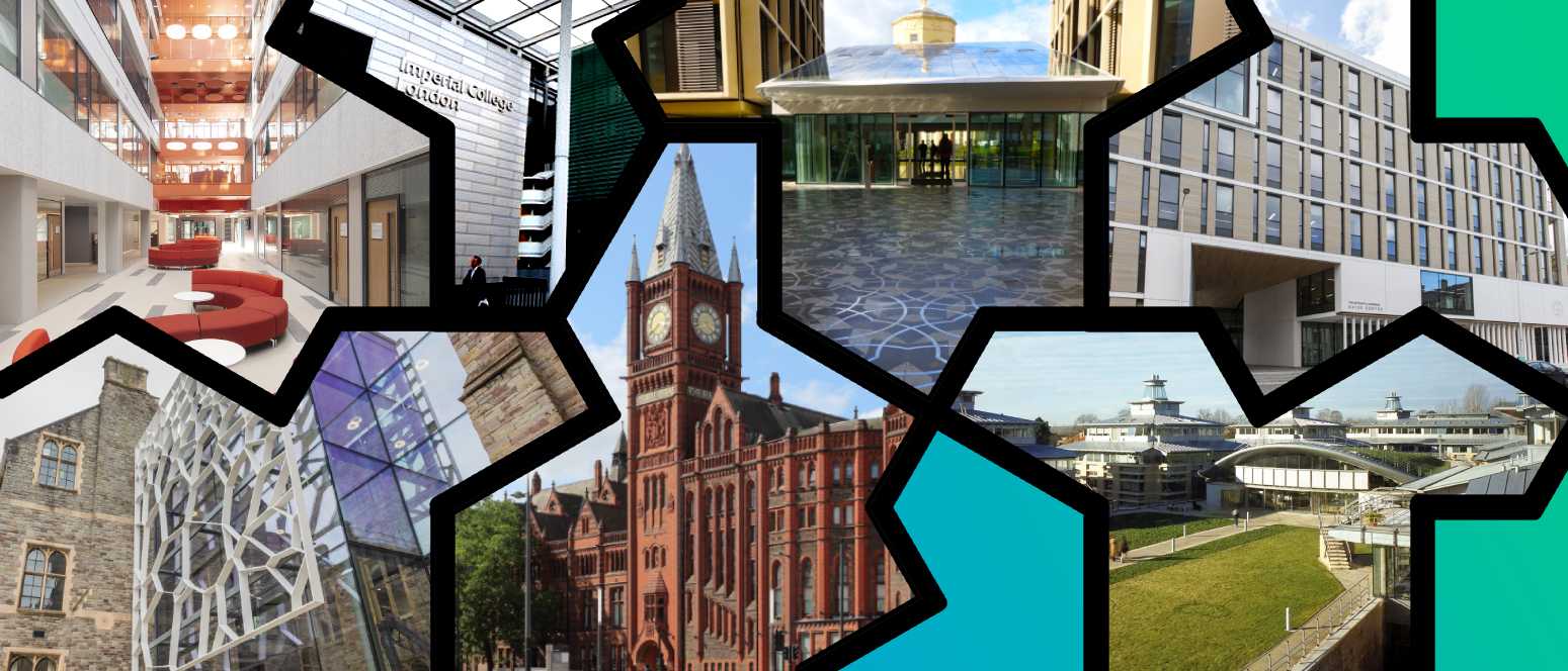 The seven institutions receiving funding, from L-R and T-B: University of Warwick, University of Bristol, Imperial College London, University of Liverpool, University of Oxford, University of Cambridge, University of Edinburgh. Image rights: held by the respective institutions. A composite image of multiple university buildings